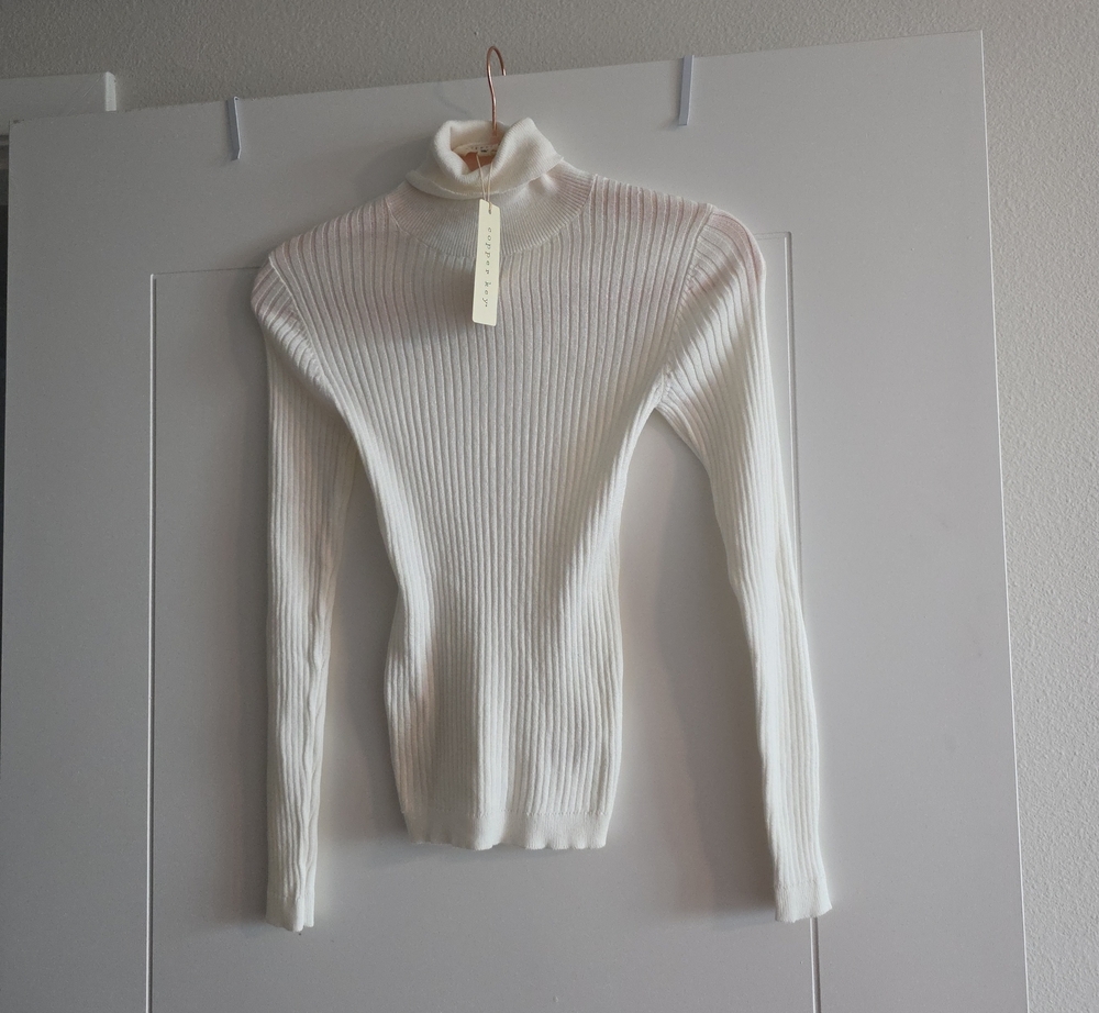 Copper Key Cream Ribbed Turtleneck Sweater
